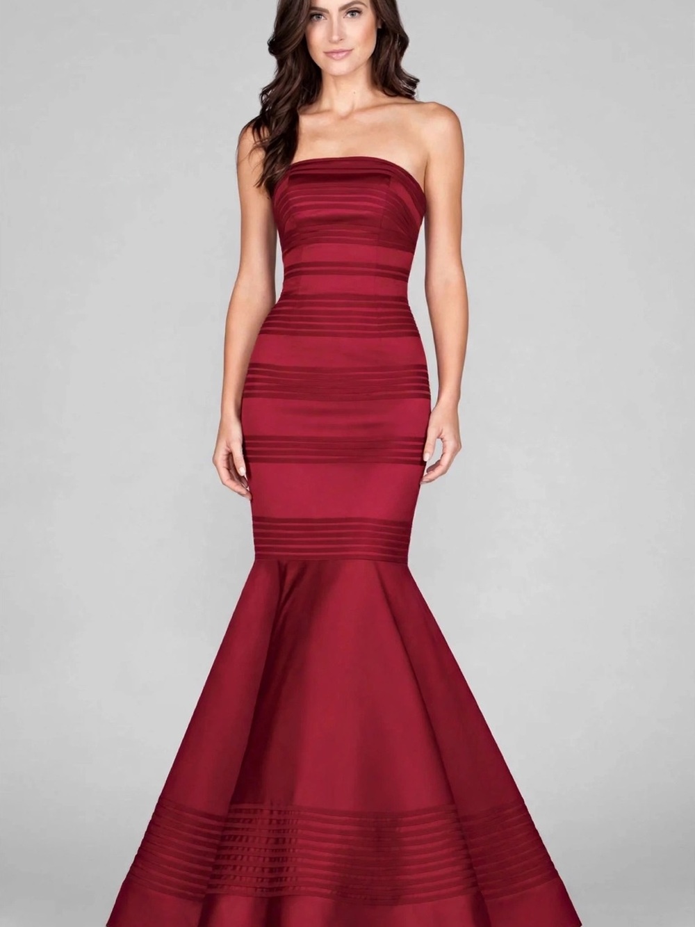 Mon Cheri Strapless Burgundy Mermaid Evening Gown, size 4